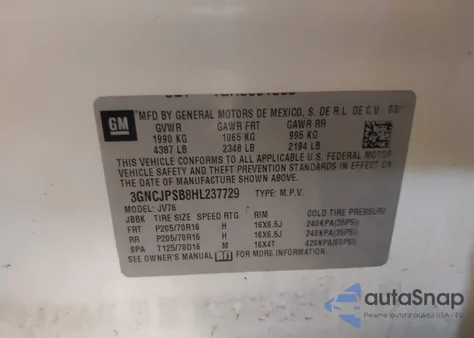 2017 Chevrolet Trax Lt из США, поврежденный, VIN 3GNCJPSB8HL237729